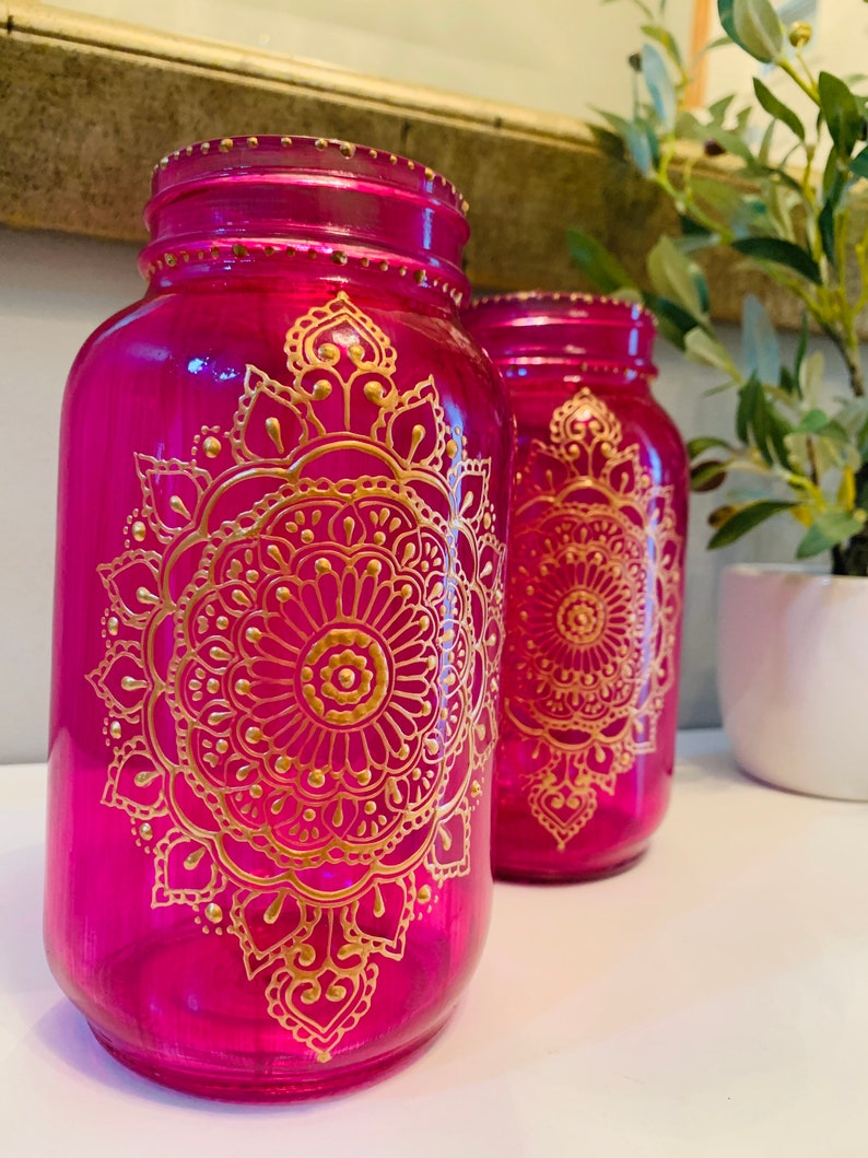 Henna Moroccan Indian Bohemian Henna Jar 24 oz Candleholder with Handpainted Details image 3