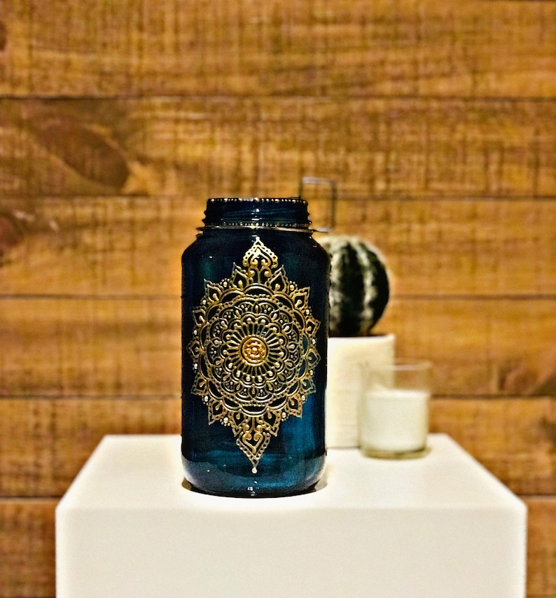 Henna Moroccan Indian Bohemian Henna Jar 24 oz Candleholder with Handpainted Details image 7