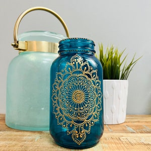 Henna Moroccan Indian Bohemian Henna Jar 24 oz Candleholder with Handpainted Details image 1