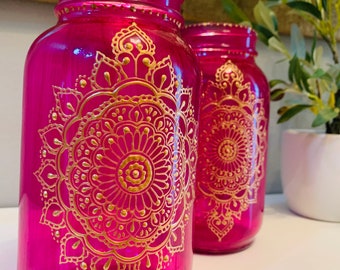 Henna Moroccan Indian Bohemian Henna Jar 24 oz Candleholder with Handpainted Details