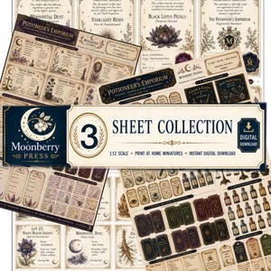 May include: A digital collection of three printable sheets featuring miniature ephemera for 1:12 scale projects. The sheets contain various labels, certificates of authenticity, merchant seals, and potion bottle tags with text like The Potioneer's Emporium.