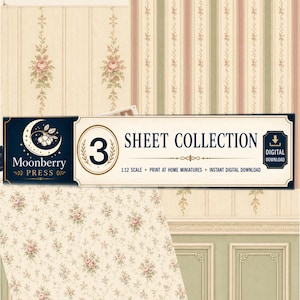 Op de afbeelding: Een digitale collectie van drie vellen miniatuurbehang op schaal 1:12 met bloemmotieven en gestreepte ontwerpen in crème, roze en saliegroen. De vellen bevatten tekstlabels voor Moonberry Studios en Victorian Interiors.