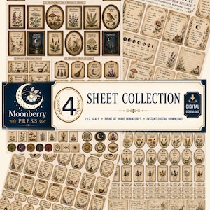 May include: A digital collection of four printable sheets featuring 1:12 scale miniature ephemera, including framed botanical art, herbal remedy notes, spell ritual cards, and various labels with text like Cosy Hedge Witch and Moonberry Press.