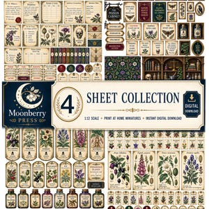 Może przedstawiać: Cyfrowa kolekcja miniatur do druku w skali 1:12 pod tytułem Moonberry Press The Poison Cabinet. Arkusze zawierają botaniczne ilustracje trujących roślin, etykiety aptekarskie, zawieszki na okazy, znaki ostrzegawcze oraz dekoracje do szafek.