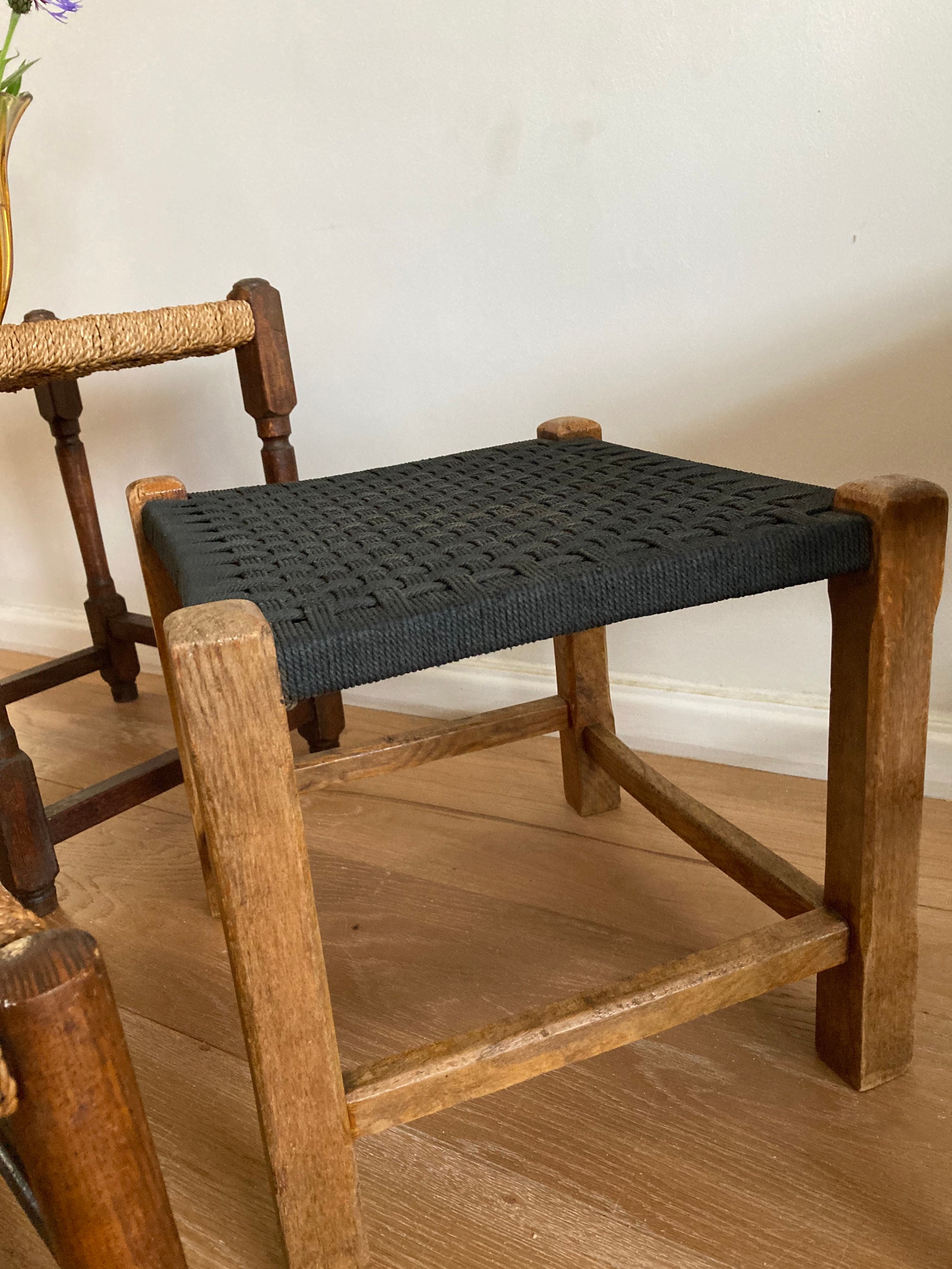 Vintage woven wooden foot stools for seating plant stands Etsy