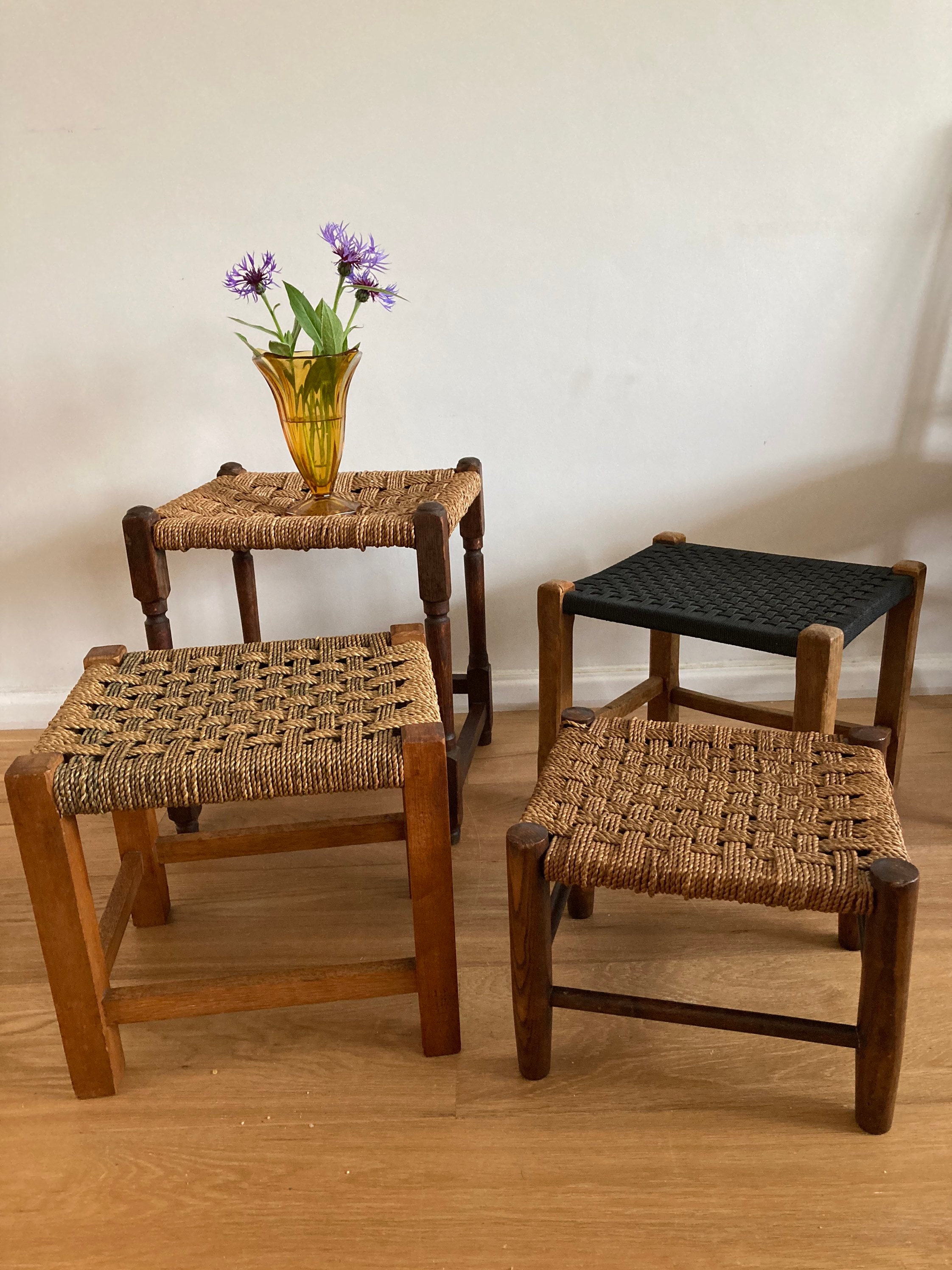 Vintage woven wooden foot stools for seating plant stands Etsy