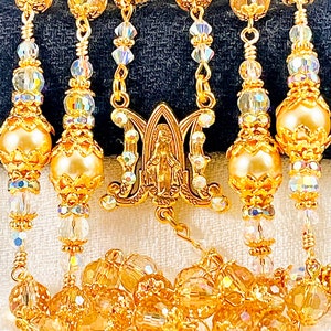 CATHOLIC GOLD CRYSTAL Rosary/Aurora Borealis Crystals Heirloom Catholic Wedding Bridal Bouquet/First Communion/Christmas Catholic Gifts