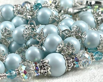 BLUE ANGEL AUSTRIAN Pearl Rosary/Porcelain Flowers/Heirloom Rosary/Catholic Wedding/Bridal Bouquet/Confirmation/Catholic Gifts