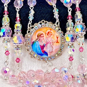 PINK AURORA BOREALIS Crystal Rosary/Heirloom Bridal Bouquet/Catholic Wedding/First Communion/Confirmation/Religious Christmas Catholic Gifts
