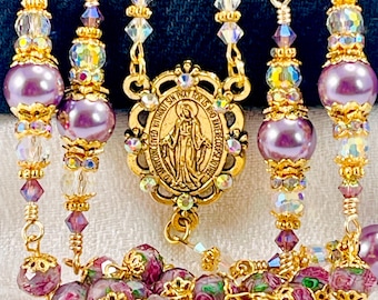 PLUM ROSEBUD CRYSTAL Rosary Gold Catholic Wedding Rosary/Lampwork Heirloom Bridal Bouquet/First Communion/Christmas/Catholic Gift