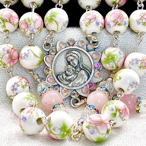 PINK ROSEBUD Rosary /Floral Porcelain Rosary /Bridal Bouquet Wedding Bridal Shower /First Communion Confirmation Catholic Gifts