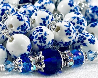 BLUE & WHITE PORCELAIN Rosary/Heirloom Rosary/Catholic Wedding/Bridal Bouquet/First Communion/Confirmation/Christmas Catholic Gifts