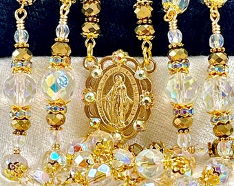 GOLD CRYSTAL BRIDAL Rosary/Irridescent Preciosa Crystals/Heirloom Rosary/Catholic Wedding/Bridal Bouquet/First Communion/Catholic Gifts