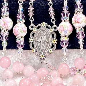 ROSE QUARTZ ROSARY/Floral Porcelain Accents/ Heirloom Rosary/Catholic Wedding/Bridal Bouquet/First Communion/Confirmation/Catholic Gifts