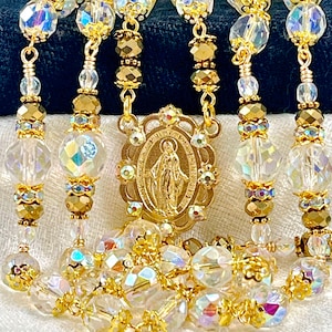 CATHOLIC CRYSTAL ROSARY In Gold/Genuine Irridescent Preciosa Crystals Heirloom Wedding Bridal Bouquet/First Communion/Holy Catholic Gifts
