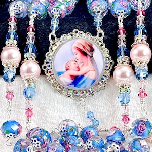 BLUE ROSEBUD ROSARY/Forget-Me-Not Blue Catholic Wedding Rosary/Lampwork Heirloom Bridal Bouquet Confirmation /First Communion/Catholic Gifts