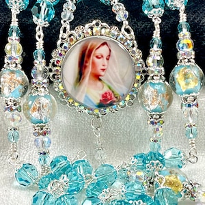 AQUAMARINE AUSTRIAN CRYSTAL Rosary/Something Blue Lampwork Catholic Wedding/Heirloom Bridal Bouquet/Confirmation/Communion/Catholic Gifts