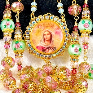 AQUA & PINK ROSEBUD Rosary In Gold/Catholic Wedding/Lampwork with Preciosa/Heirloom Bridal Bouquet/First Communion/Christmas/Catholic Gifts