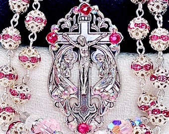 SILVER & PINK Filagree Rosary /Bridal Bouquet Shower Heirloom Rosary/Catholic Wedding First Communion Confirmation Catholic Christmas Gifts