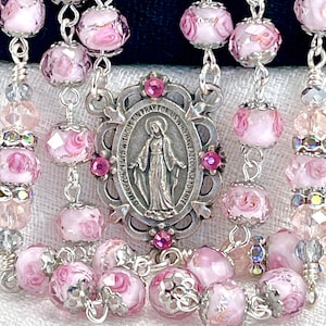 ROSEBUD PINK CRYSTAL Rosary Catholic Wedding Aurora Borealis Lampwork Heirloom Bridal Bouquet//First Communion/Christmas/Catholic Gift