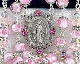 ROSEBUD PINK CRYSTAL Rosary Catholic Wedding Aurora Borealis Lampwork Heirloom Bridal Bouquet//First Communion/Christmas/Catholic Gift