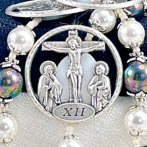 STATIONS of the CROSS CATHOLIC Rosary/Way of the Cross/White & Peacock Shell Pearls/14 Stations/Sorrowful Mother Via Dolorosa Catholic Gifts