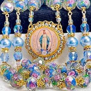 BLUE ROSES ROSARY/Forget-Me-Not Blue Lampwork with Filigree Rosary/Bridal Bouquet Confirmation/First Communion/Catholic Gifts