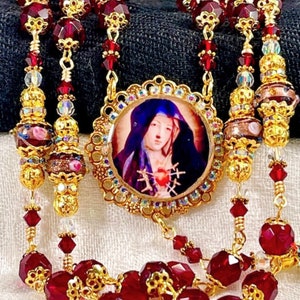 MIRACULOUS SEVEN SORROWS of Mary Rosary/Catholic Siam Garnet/Gold Heirloom Rosary/Wedding Cake Lampwork Beads/Religious Catholic Gifts