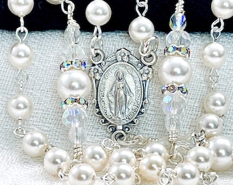 WHITE AUSTRIAN PEARL Rosary/Perfect Alternative to Swarovski Crystal Pearls Bridal Bouquet/Catholic Wedding/First Communion/Catholic Gifts