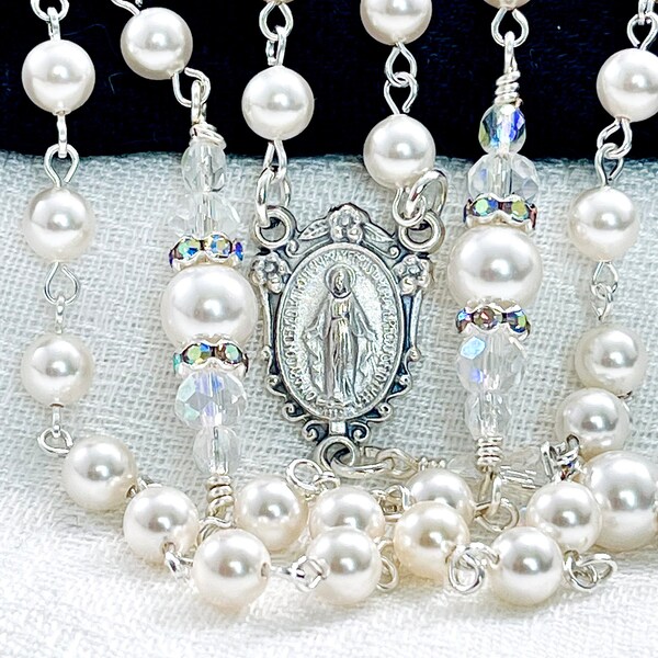 American Catholic Rosary ~ Red, White and Blue Crystal Pearl Rosary