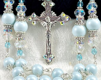 BLUE ANGEL AUSTRIAN Pearl Rosary/Porcelain Flowers/Heirloom Rosary/Catholic Wedding/Bridal Bouquet/Confirmation/Catholic Gifts
