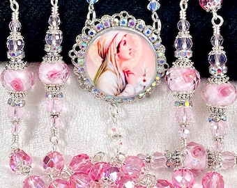 PINK ROSEBUD GLIMMER Rosary/Porcelain Flowers/Catholic Wedding/Genuine Lampwork/Heirloom/Bridal Bouquet/First Communion/Catholic Gift