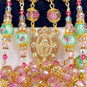 AQUA & PINK ROSEBUD Rosary In Gold/Catholic Wedding/Lampwork with Preciosa/Heirloom Bridal Bouquet/First Communion/Christmas/Catholic Gifts