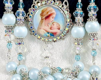 BLUE ANGEL AUSTRIAN Pearl Rosary/Porcelain Flowers/Heirloom Rosary/Catholic Wedding/Bridal Bouquet/Confirmation/Catholic Gifts