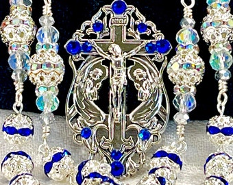 SILVER FILAGREE & Blue Bridal Rosary/Bridal Bouquet Catholic Wedding Heirloom Rosary,First Communion Gifts/Confirmation /Christmas Gifts