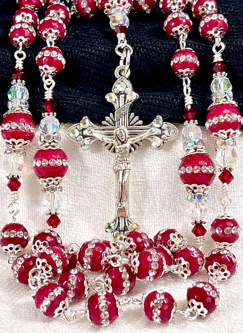 Religious Ruby RUBY RED JADE Immaculate Heart Rosary/victorian Filigree Heirloom ...