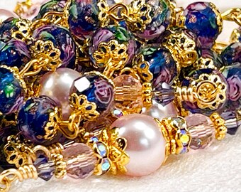 BLUE WINGS LAMPWORK Gold Rosary/Austrian Pearls/Catholic Wedding/Heirloom/Bridal Bouquet/First Communion/Confirmation/Catholic Gifts