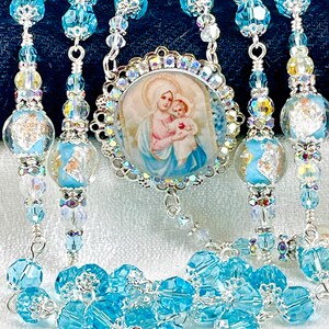 AQUAMARINE AUSTRIAN CRYSTAL Rosary/Something Blue Lampwork Catholic Wedding/Heirloom Bridal Bouquet/Confirmation/Communion/Catholic Gifts