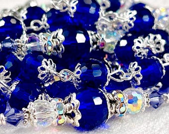 ROYAL BLUE CRYSTAL Rosary/Stunning Silver Filligree Catholic Heirloom/Bridal Bouquet/Catholic Wedding/Confirmation/Christmas Catholic Gifts