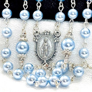 BLUE PEARL ROSARY/Perfect Alternative to Swarovski Pearls Blue Bridal Bouquet Shower/Catholic Heirloom Rosary Christmas Religious Gifts