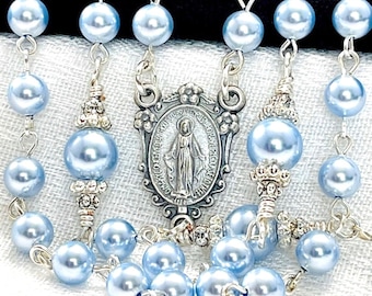 BLUE PEARL ROSARY/Perfect Alternative to Swarovski Pearls Blue Bridal Bouquet Shower/Catholic Heirloom Rosary Christmas Religious Gifts