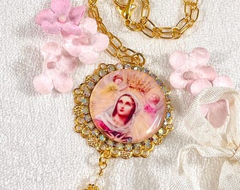 CAR ROSARY BLESSED Virgin Mary Pendant For Rear View Mirror/Handmade Centerpiece/Preciosa Crystal/Auto Protection/Heirloom Catholic Gift