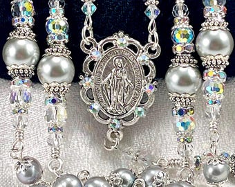 SILVER PEARL BRIDAL Rosary/Stunning Genuine Gray Heirloom Pearls/Catholic Wedding/Bridal Bouquet/First Communion/Christmas Catholic Gifts