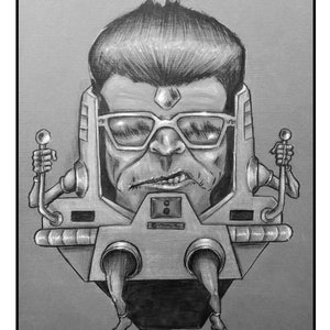 May include: A black and white illustration of a person's head with a futuristic helmet and sunglasses. The person is sitting in a chair with two robotic arms.