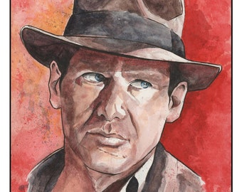 Indiana Jones wall art print 11x14 Harrison Ford watercolor - Free shipping to US