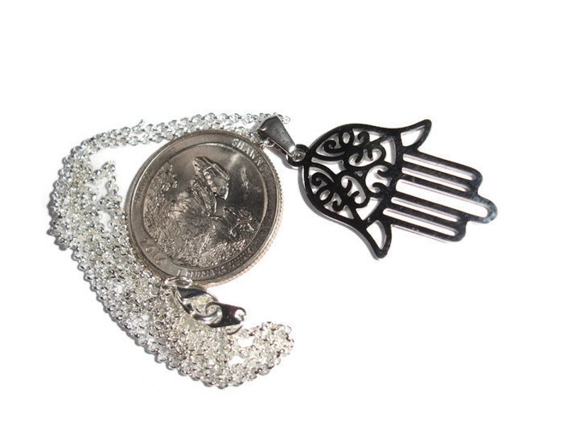 Hamsa Necklace Hamsa Hand Necklace Hamsa on Chain Silver hamsa Gunmetal Hamsa Stainless Hamsa Meditation Mudra Necklace Hamsa Bracelet Cuff