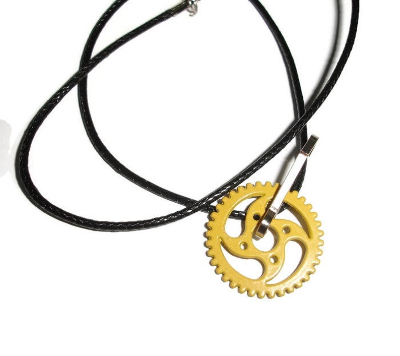 Steampunk Necklace Spinner Necklaceyellow Gear Cord Gift Under Ten Unique For Him