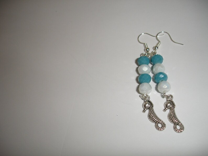 Seahorse Earrings teal and white Czech glass Starfish Earrings nautical earrings