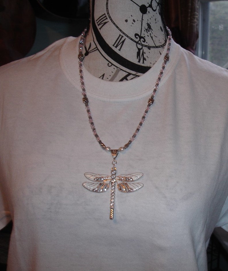 Dragonfly Necklace Beautiful White and silvertone Dragonfly Beaded Necklace Long Dragonfly Statement Necklace Pink and Silver 18 to 20 inch