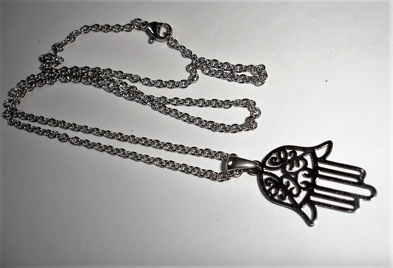 Hamsa Necklace Hamsa Hand Necklace Hamsa on Chain Silver hamsa Gunmetal Hamsa Stainless Hamsa Meditation Mudra Necklace Hamsa Bracelet Cuff
